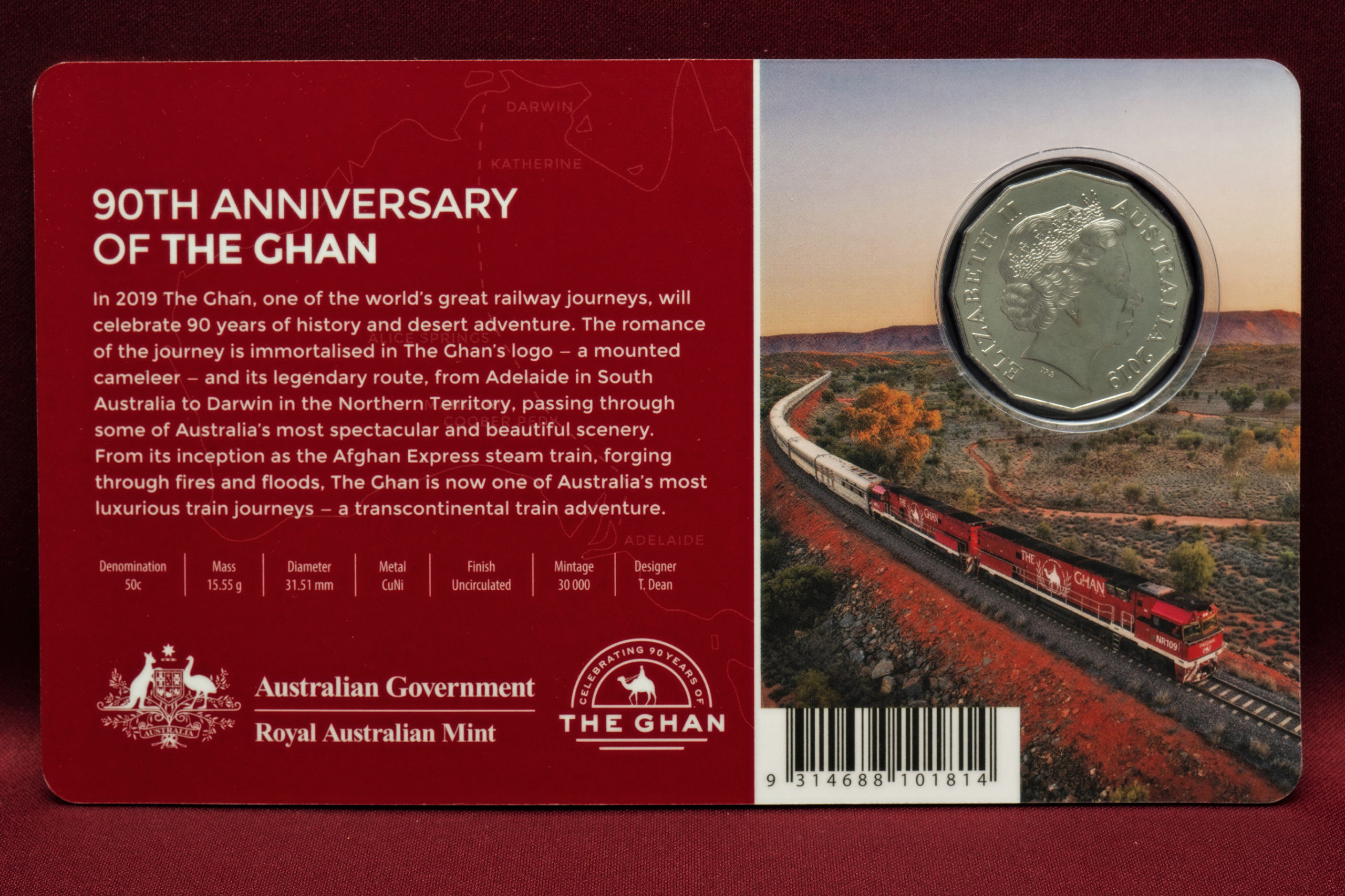 2019 UNC 50c 90th Anniversary of The Ghan Coin on Card 